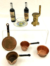 Kitchen Miniatures Wood Stove Cup Saucer Bottles Copper Porcelain Brass 9 pcs