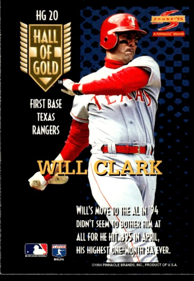 1995 Score Hall of Gold Will Clark Texas Rangers #HG20 - Image 2 of 2