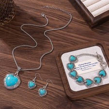 3pcs Women's Vintage Turquoise Bracelet Necklace Earrings Set Healing Stone