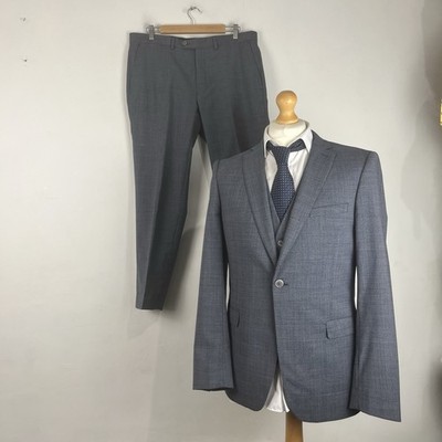 T.M. Lewin 3 Teiler Anzug Herren 41R Blau Kariert 36W 29L Skinny Fit Weste 42R