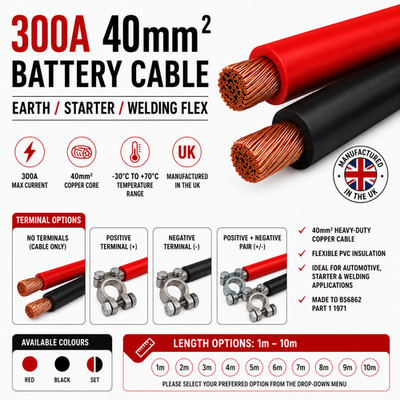 300Amp 40mm Batteriekabel Rot Schwarz Kupfer Erde Starter Schweißen 1m-10m