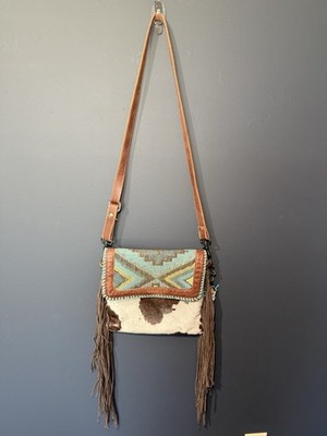 Myra Cowhide Fringe Shoulder Bag Aztec Pattern Brown Turquoise