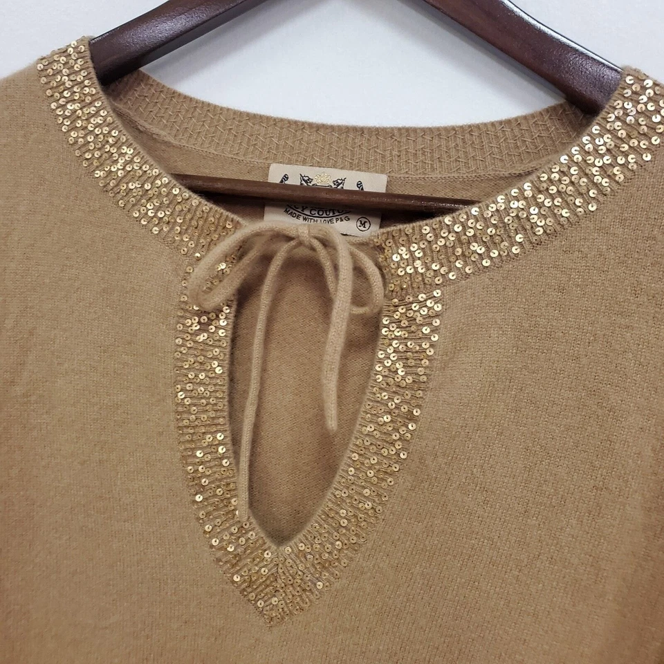 Женский кашемировый свитер Juicy Couture с блестками отделка размер M желтовато-коричневый нейтральный роскошный мягкий - Изображение 3 из 4