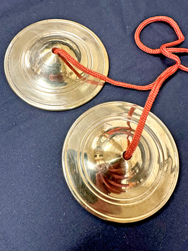 Manjeera Pair, Finger Cymbals, 2-7/8", Handmade, Brass, Cloth Cord - EXCELLENT