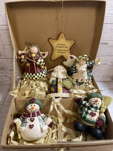 Set of 5 Handcrafted Santa Angels Snowman In Decorated Gift Box 3.5” Ornaments