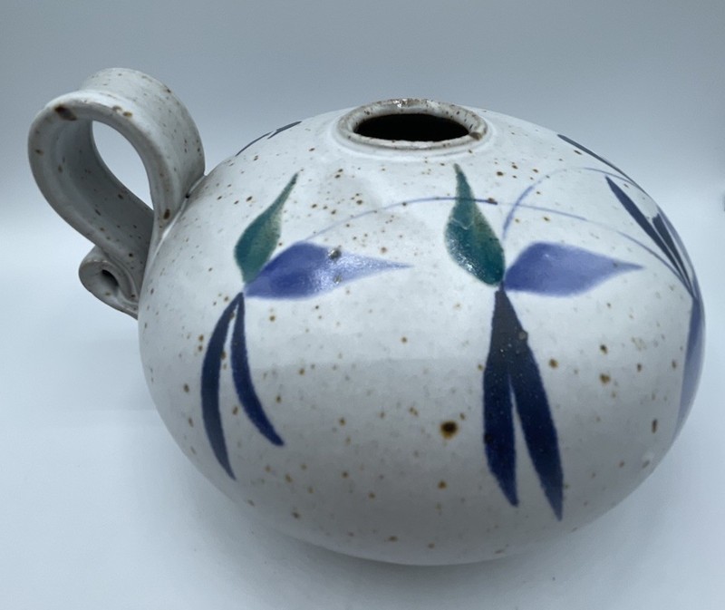 Blue Floral Art Pottery Stoneware Chamberstick Candle Holder Oil Lamp