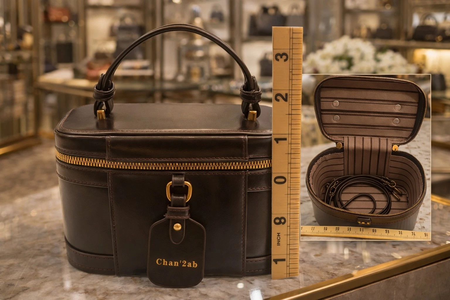 Chan2ab Vintage Style Brown Leather Vanity Case Mini Train Case Bag Top Handle