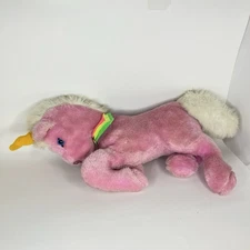 Vintage Mighty Star Unicorn Pink Rainbow Collar Plush Stuffed Animal Toy RARE