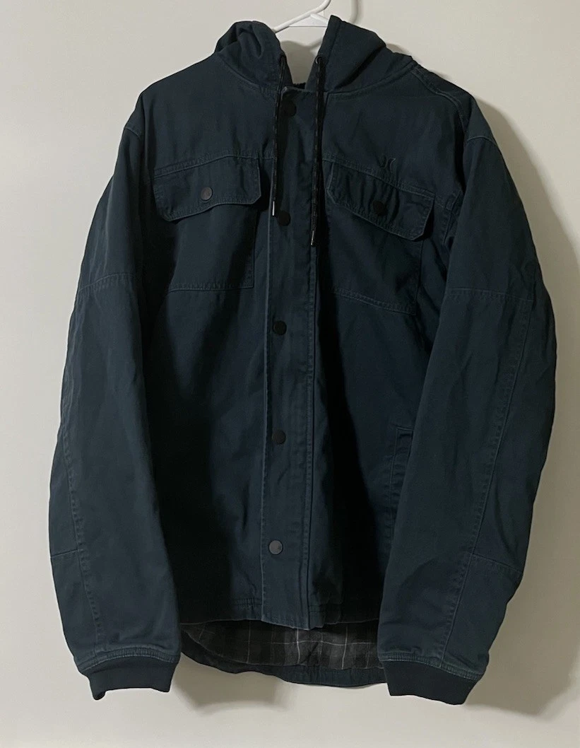 Hurley Mens Hooded Winter Insulated Jacket Full Zip Navy Blue Button Up size L