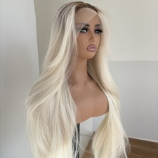 Platinblond Hitzebeständiges Kunsthaar Long Straight HD T Spitzenfrontperücke