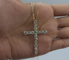 4.80 Ct Round Cut Diamond Cross Pendant Necklace 14K Yellow Gold Lab Grown F VS1