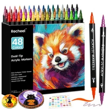 48 Colors Acrylic Paint Markers, Dual Tip with Precision Fine Tip and Versat...