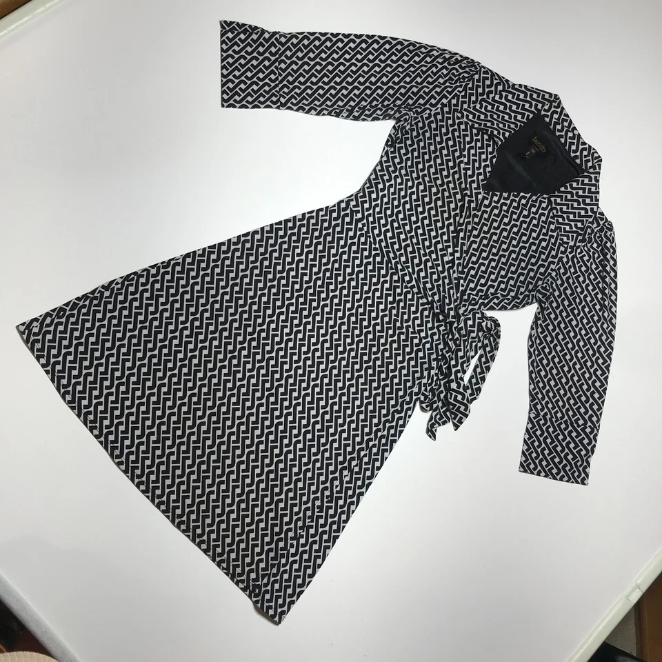 Vestido envolvente Laundry by Shelli Segal para mujer XS negro blanco geo cadena estampado cinturón Foto 2 de 4