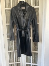 Jaeger Ladies Leather Trench Coat Uk12/us10 Black Pre-owned