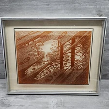 Vintage M.C. Escher Photograph on Glass by Lucid Lines Art "Puddles" 1970s USA