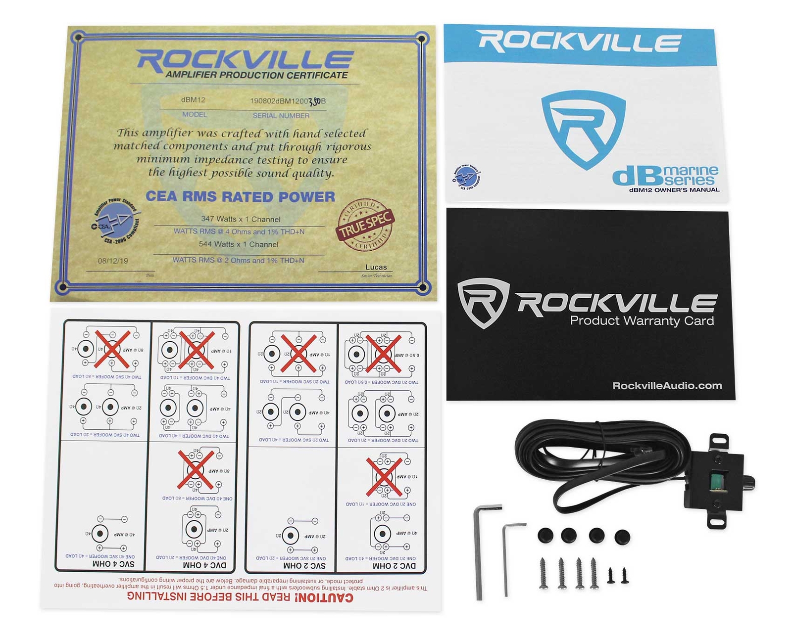 Rockville DBM12 2000 Вт 2-омный Морской лодочный моноусилитель Пульт дистанционного управления басами Комплект проводов для усилителя
