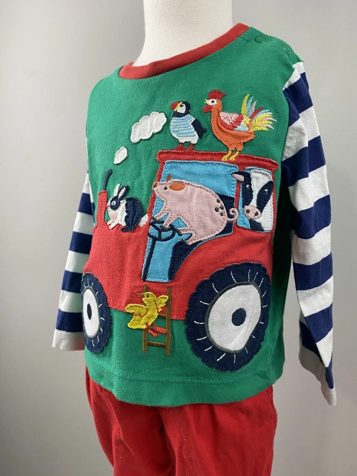 Camiseta Baby Boden Manga Larga Verde Jersey Algodón Azul Rayas Granja Talla 6-9 Meses Foto 3 de 4