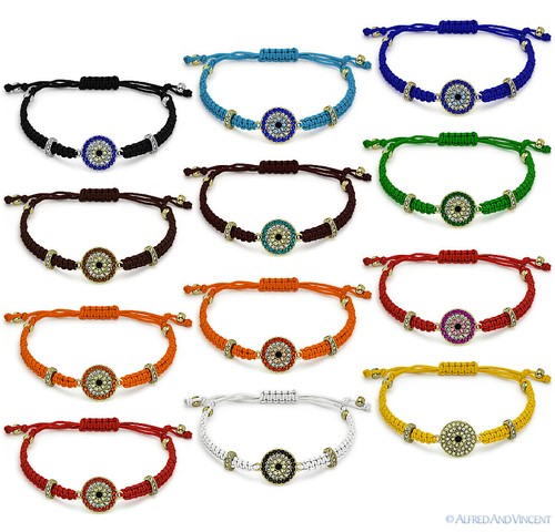 Evil Eye Charm Bracelet - Greek Mati Turkish Nazar Hamsa Design With CZ Stones, Adjustable Tie Closure