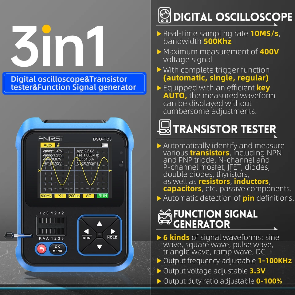 FNIRSI DSO-TC3 3 in 1 Digital Oscilloscope Transistor Tester Signal Generator - Image 4 of 4