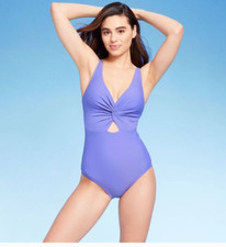 Women's Twist Front Cut Out One Piece Swimsuit Purple Kona Sol Large NEW