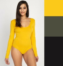 S M L Women's Deep Scoop Neck Bodysuit Basic Solids Long Sleeve Plain Soft Knit