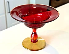 Vintage MCM Red & Yellow Art Glass Compote Footed Bowl