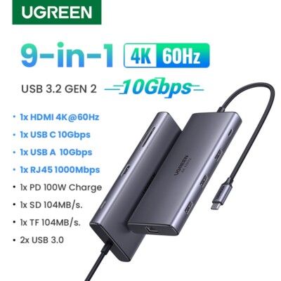 UGREEN USB C HUB 9 in 1 4K60Hz 10Gbps Type C HDMI RJ45 PD100W For MacBook Huawei