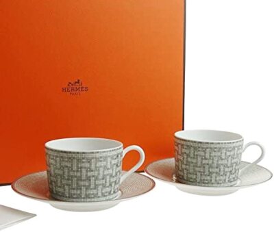HERMES Tea Cup Saucer Mosaique Platinum Tableware 2 set Coffee Ornament Auth New