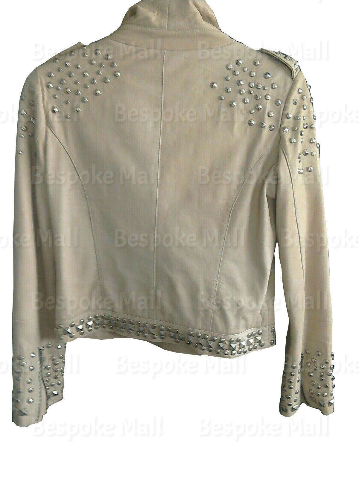 New Woman Handmade Cream Silver Studded Unique Cowhide Biker Leather Jacket-745 image 3