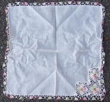 White Handkerchief Pink Green Crocheted Flowers Vintage Linen