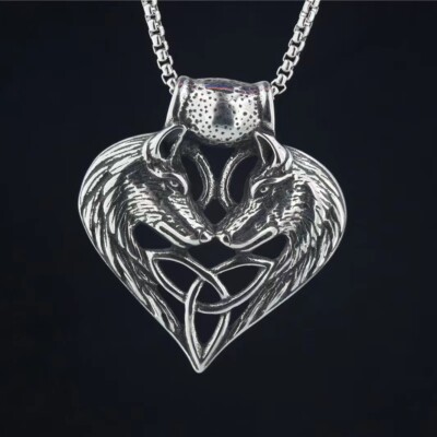 Silver Norse Viking Wolves w. Trinity Knot Pendant Necklace Chain Men's Jewelry