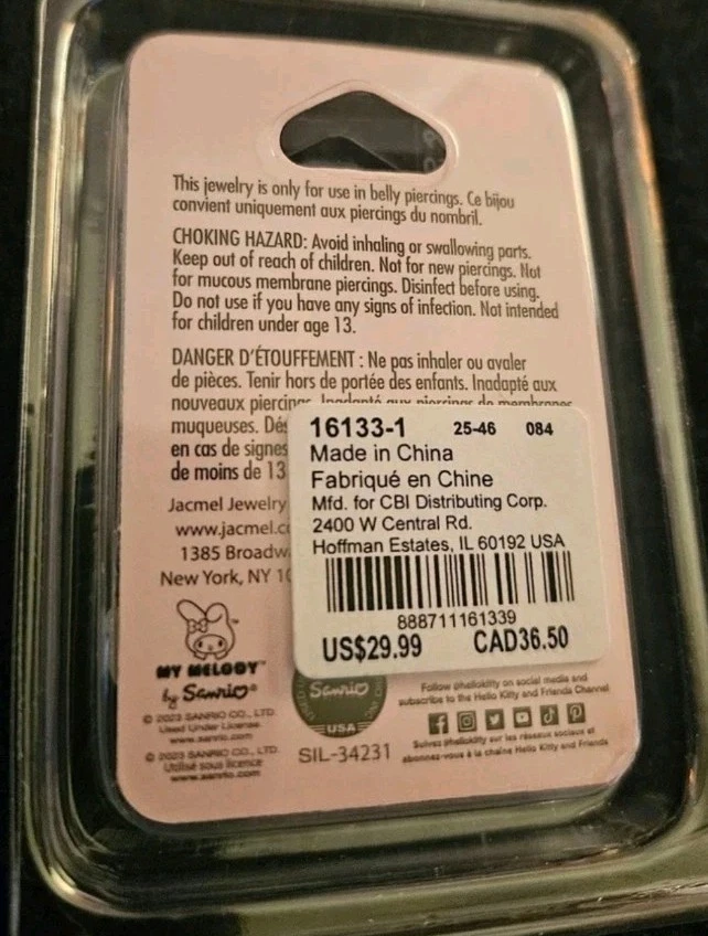 Brand New My Melody Silvertone Stainless Steel Pink Crystal Charm 14G Belly Bar - Image 3 of 3