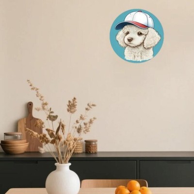 Cute Fluffy White Puppy in Red Cap Round Aluminum Wall Decor