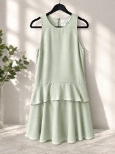 Club Monanco Green A-Line Dress 8 Regular Sleeveless Round Neck Knee Ruffle