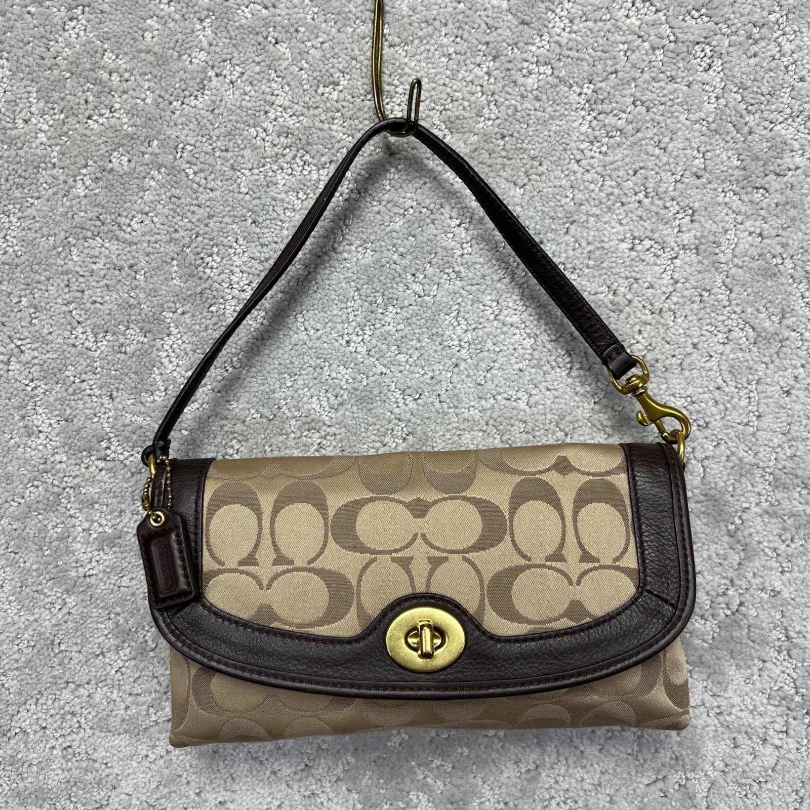 Coach Signature Wristlet Baguette MiniHand Bag Monogram Turnlock Brown Y2k
