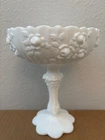 Vintage Glass  Fenton Compote Cabbage Rose White Milk Glass