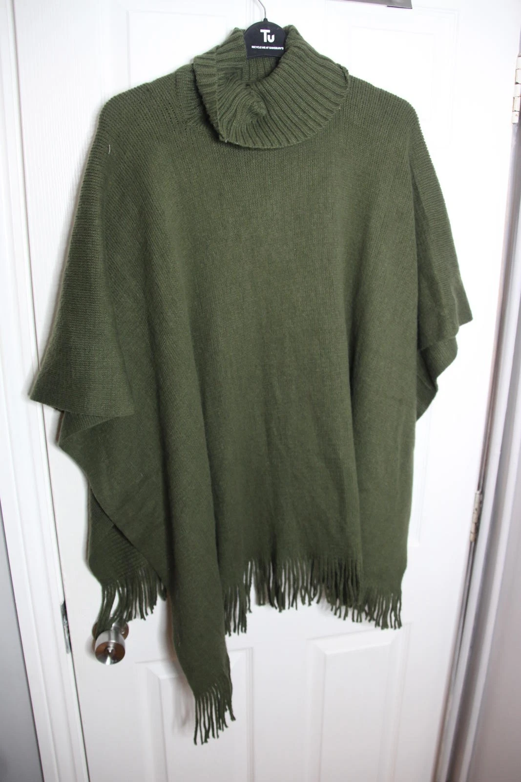 Tu Olive Green Acrylic Turtleneck Poncho with Fringe