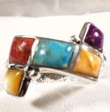 925 STERLING 5 STONES BAND TURQUOISE SPINY MOTHER OF PEARL SIZE 7 RING 3.2g