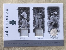 2001 UD Reserve GAME-USED BASE / BALLCOMBO TRIO Derek Jeter Clemens Martinez SSP
