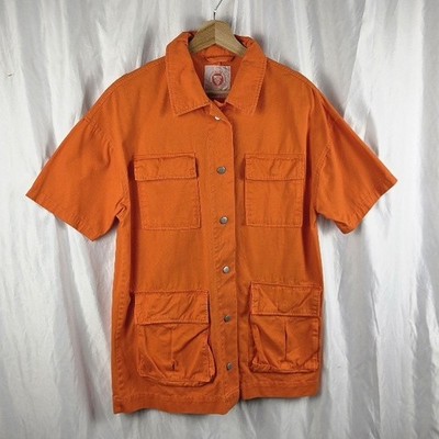 Urban Outfitters Orange Safari Shirt Size Small Cotton Snap Up Closure