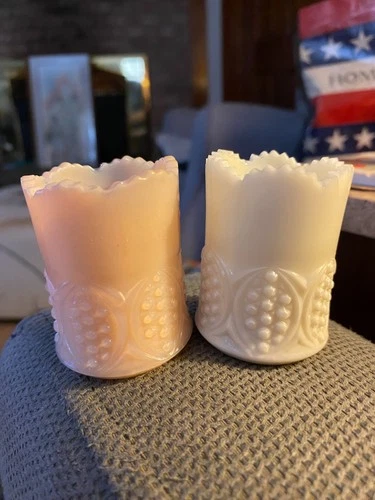 2 Vintage Pink & White Bad Button Arches Milk Glass Toothpick Holders