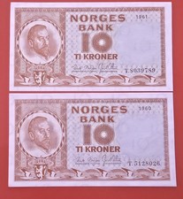 TWO BANKNOTES NORWAY  1960 & 1961  5 KRONER  P.31c  UNC
