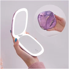 Portable LED Makeup Mirror - 3 Lighting Modes with Velvet Bag - Purple Marble