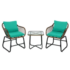 Patiojoy 3PCS Patio Rattan Bistro Set Cushioned Chair Glass Table Deck Turquoise
