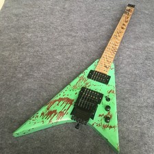 Custom Flying V Headless Green Electric Guitar Black Parts Tremolo Bridge