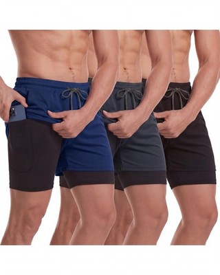 3 Pcs Men's 2 in 1 Workout Running Shorts 5 Inch Quick Dry Athletic Gym Short...