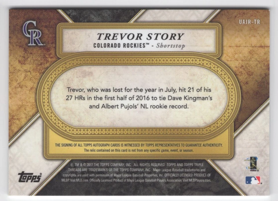 2017 Topps Triple Threads Unity Autograph Jumbo Relics Trevor Story Auto /99 - Image 2 of 2