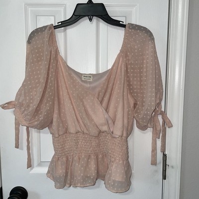 L Peach Dotted Swiss Blouse Top Elbow Bishop Sleeves Ties Peach Love California