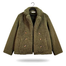 Miss Sparkling Olive Green Teddy Sherpa Jacket S Double Breasted Cozy Clean Girl
