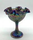 Vintage Fenton Amethyst Persian Medallion Carnival Glass Compote 6.5" Iridescent